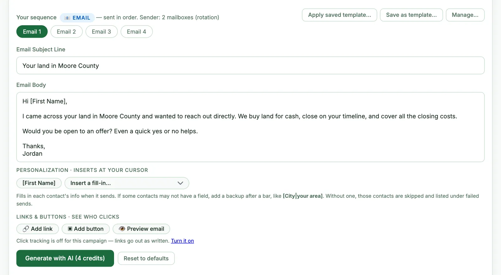 The sequence editor with message tabs, subject line, email body, personalization fill-ins, and link and button tools