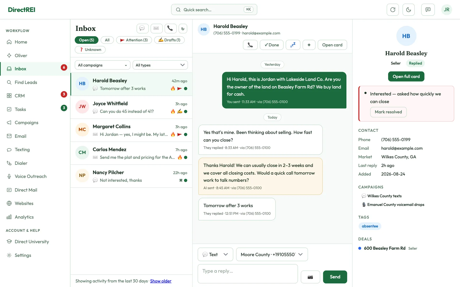 The Inbox with the conversation list, an open text thread, and the contact panel