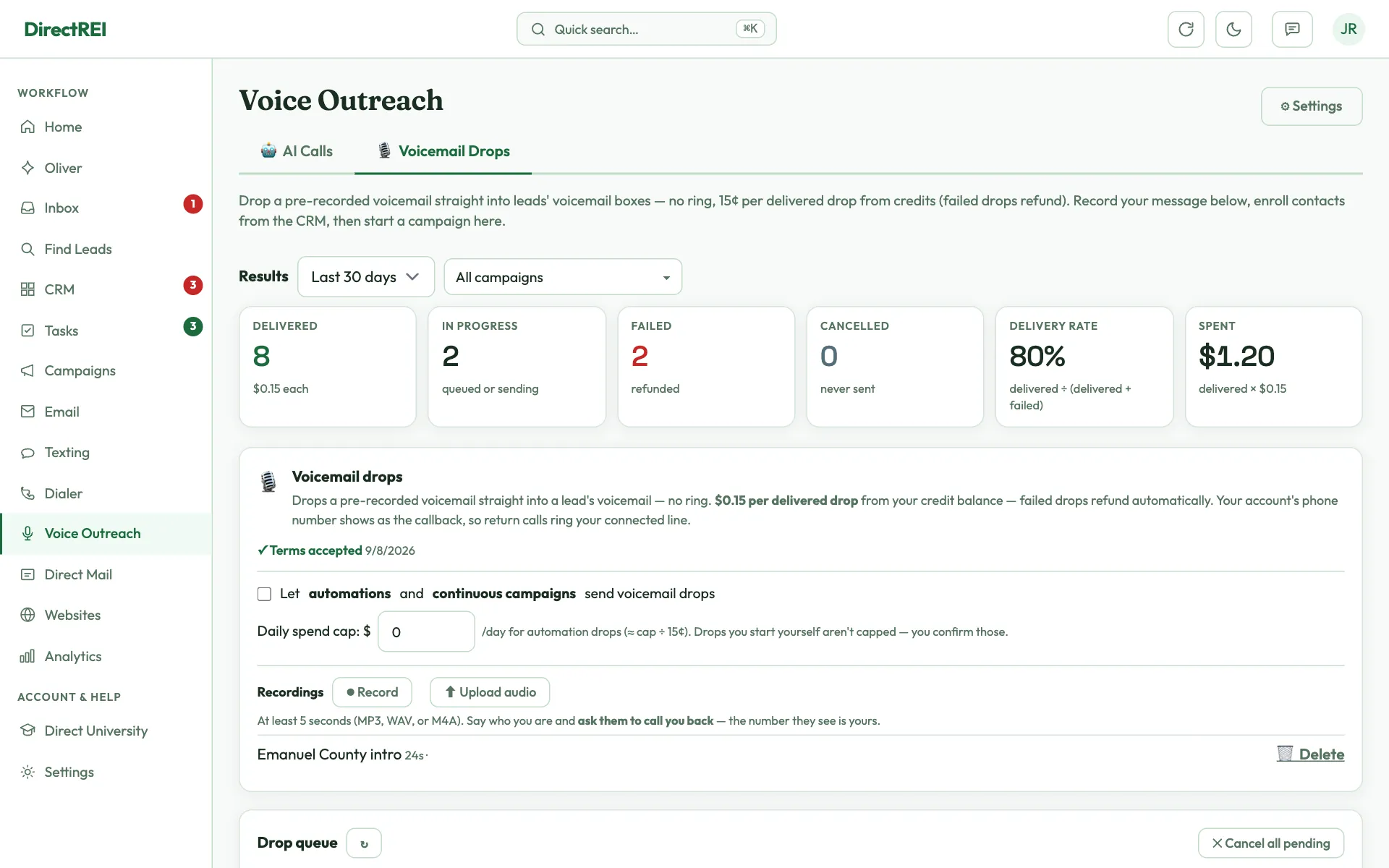 Voice Outreach, Voicemail Drops tab, with delivery results, settings, and a saved recording